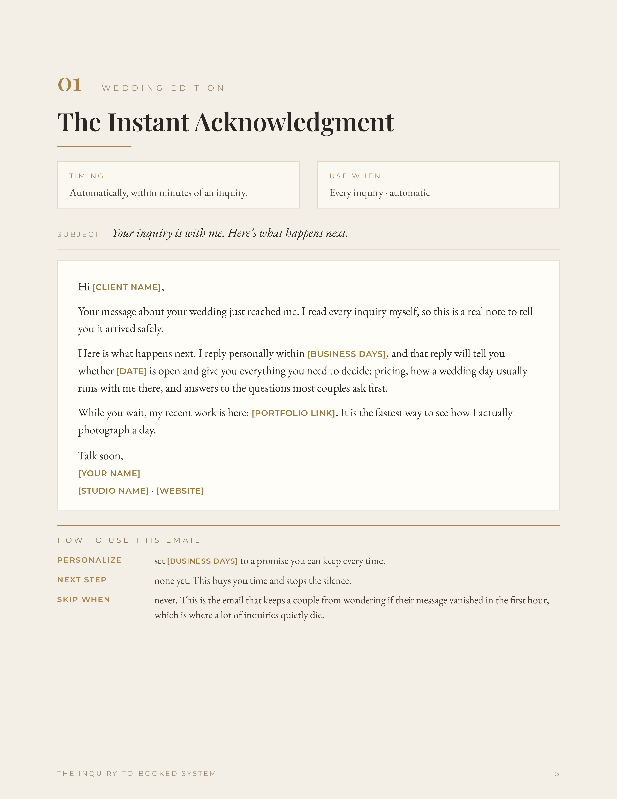 A real page from inside the system: The Instant Acknowledgment, the first email in the wedding sequence